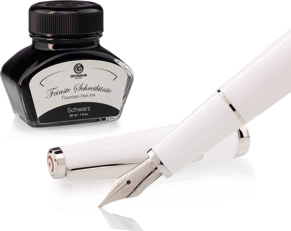 Füllhalter Set Cleo Skribent Classic Palladium Weiß, Patronen-Füllhalter und 30 ml Tinte Schwarz