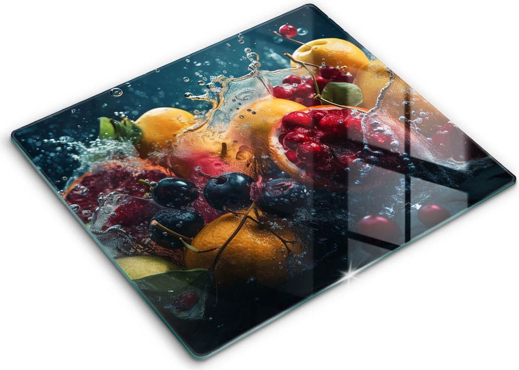 Glasschneideplatte - Herdabdeckplatte - 60x52 - Schneidebrett - Spritzschutz - Obst in Wasser