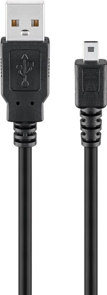 A black USB cable with a standard USB-A connector on one end and a mini-USB connector on the other, shown against a white background.