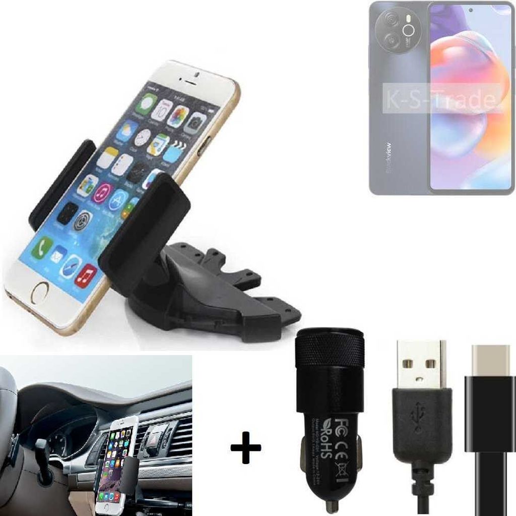K-S-Trade CD Schlitz Handy-Halterung kompatibel mit Blackview Shark 8 Autohalterung KFZ-Halter Radio Handy Halterung 360° drehbar CD-Schacht inkl.