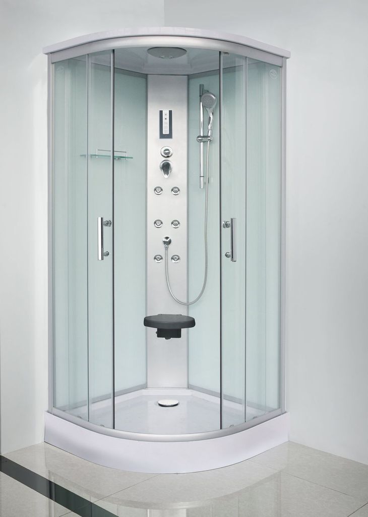 A modern shower cabin with glass doors and a white base, set against a plain white background.