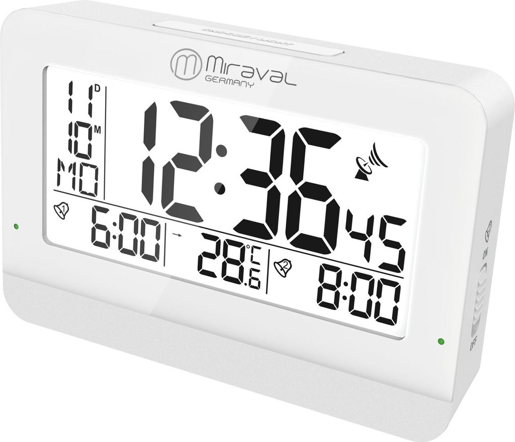 A white digital alarm clock with a large display showing the time, date, temperature, and alarm settings.
