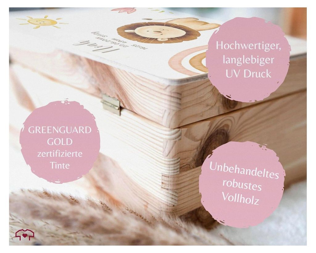 Holz Erinnerungsbox Baby Geschenkbox Holzkiste - Süßer Löwe mit Name - 30 x 20 x 14 - Holz