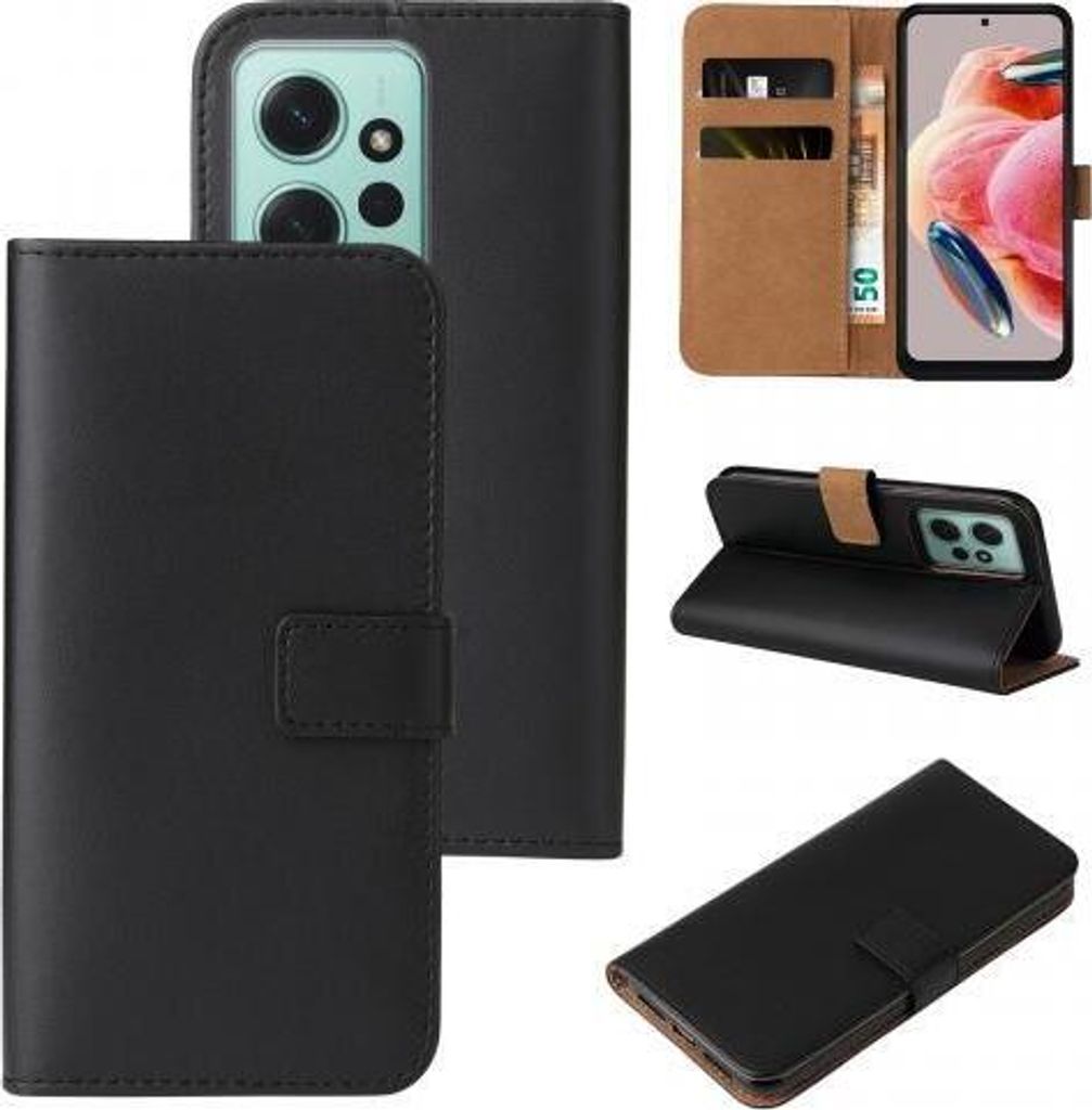 A collage of images showing a black flip phone case for a Xiaomi Redmi Note 12.