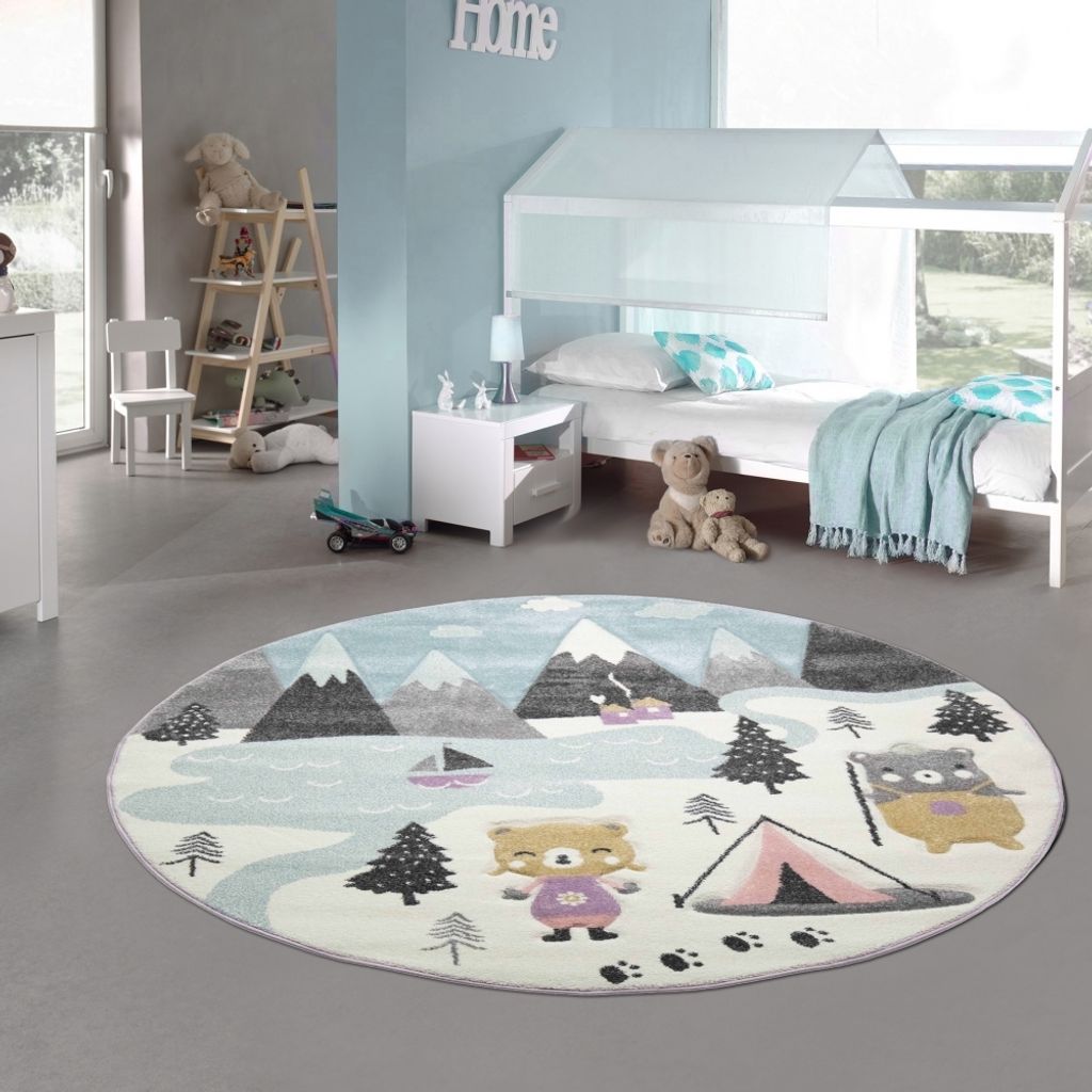 Kinderzimmer Teppich - Bären auf dem Campingplatz - creme blau Größe - 120 cm Rund