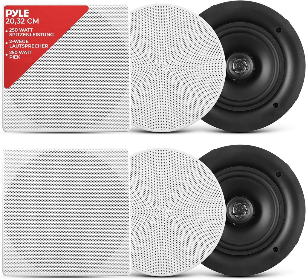 Pyle Deckenlautsprecher / Wandlautsprecher 250 Watt Einbaulautsprecher–Flache 8” (20cm) 2-Wege-Lautsprecher als Stereo Sound System – Einfach...