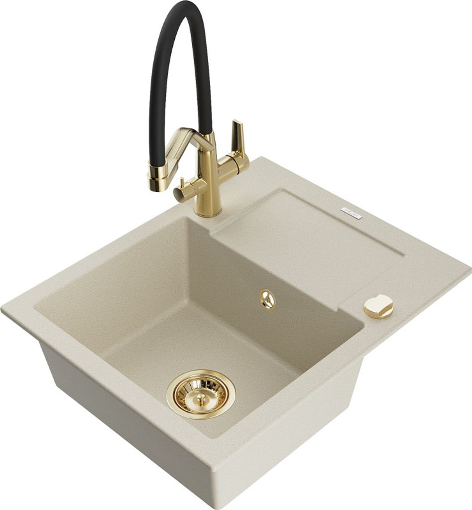 Mexen Enzo 1 Becken-Granitspüle mit Abtropffläche und Mischbatterie Duo, Beige - 6506-69-671701-57-G