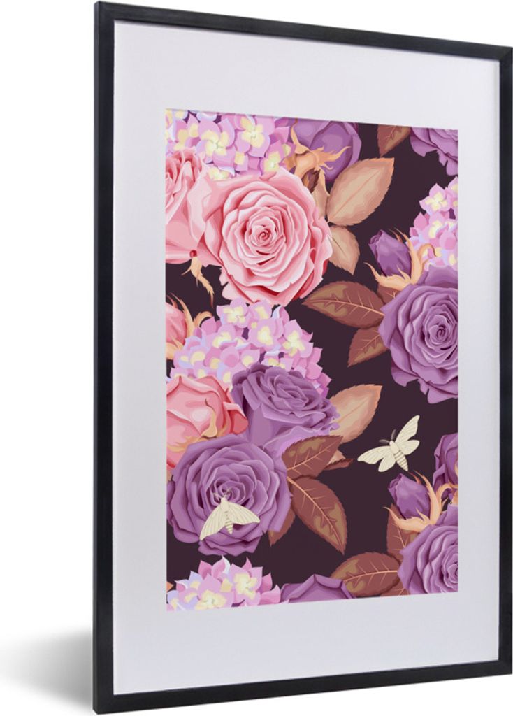 MuchoWow Gerahmtes Poster Blumen - Lila - Rosa - Schmetterlinge 40x60 cm - Poster mit Schwarzem Bilderrahmen Wandposter Rahmen Foto Bilder - Post...