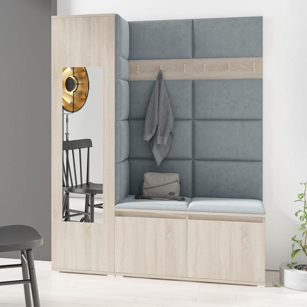 Garderoben-Set LINDA – Kleiderschrank mit Polsterplatten, Schuhschrank und Schrankaufsatz, für Flur und Eingangsbereich (Sonoma Eiche, Trinity 14)