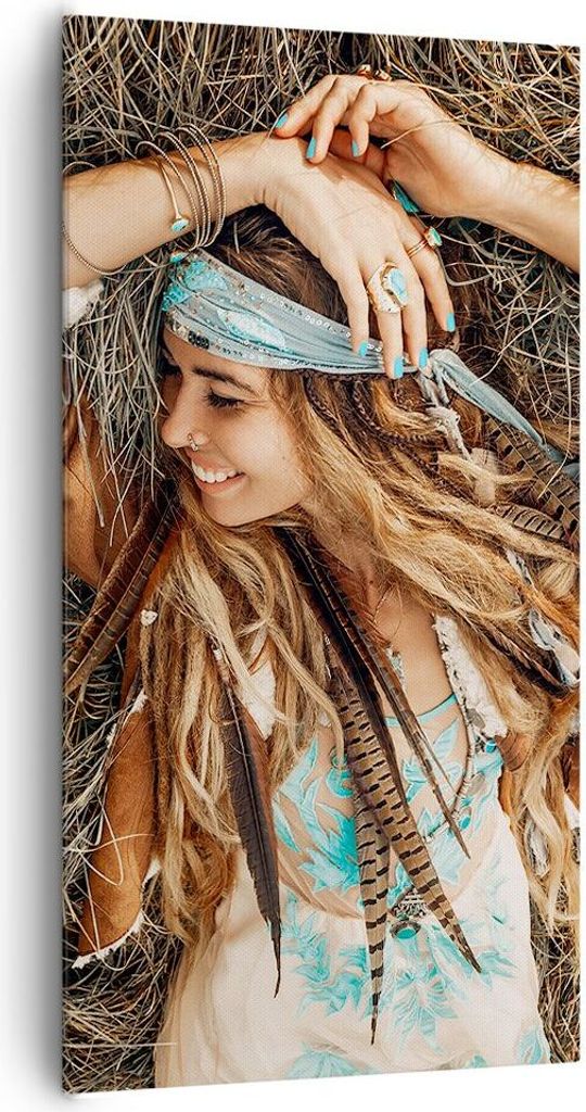 Bild auf Leinwand - Leinwandbild - Einteilig - Hippie Frau Gras - 65x120cm - Wand Bild - Wanddeko - Wandbilder - Leinwanddruck - Bilder - Wanddekor...
