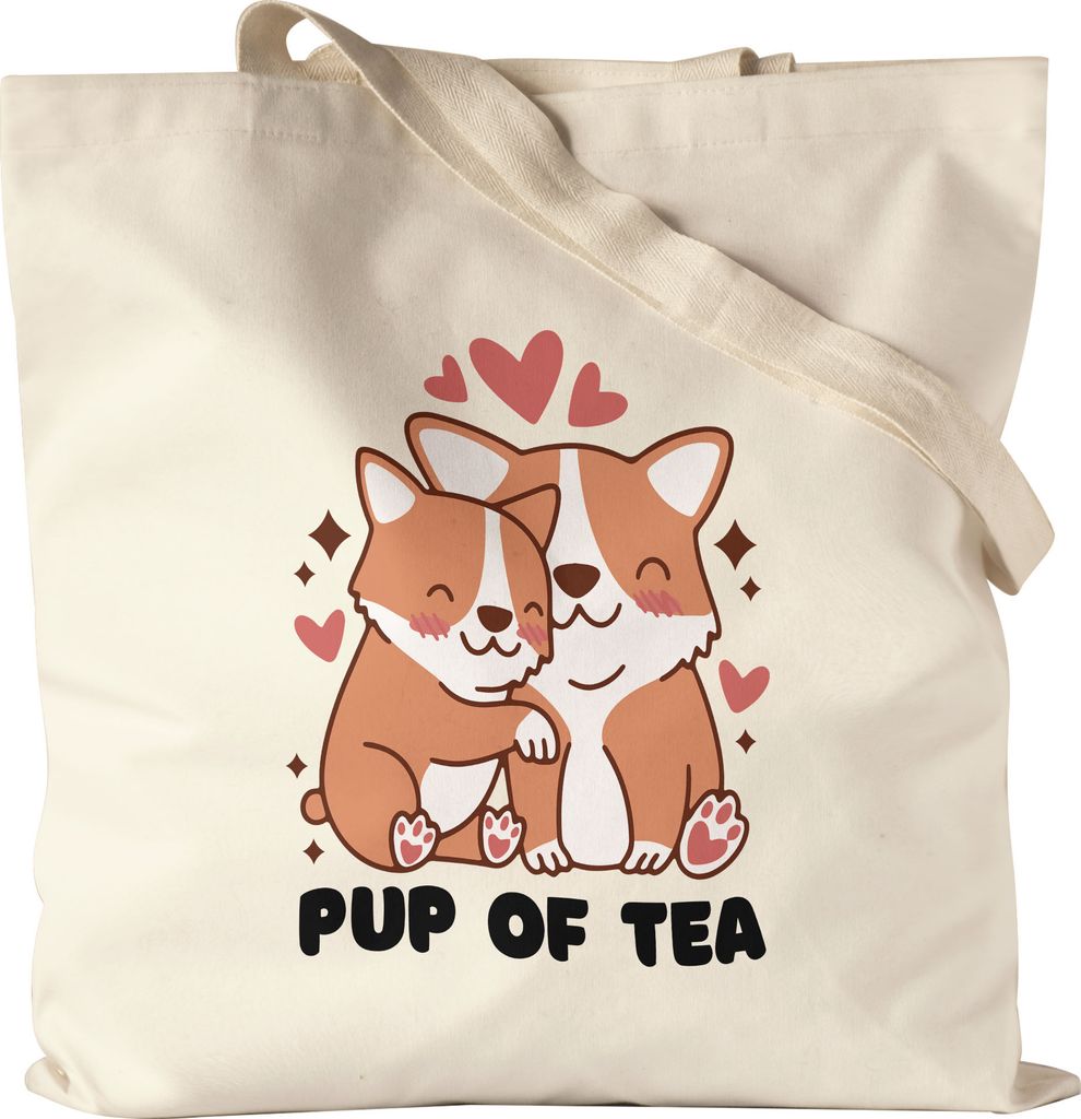 Pup of Tea Jutebeutel Stoffbeutel Puppy Cup Welpe Baby Dog Endless Love Tea Teacup Mug Heißgetränk Liebe Süßes Motiv Herzen