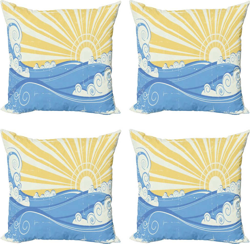 ABAKUHAUS Retro Kissenbezug Set (4 Stück), Vintage Wellen mit Sonne, Moderner Doppelseitiger Digitaldruck, 45 cm x 45 cm, Blassgelb Weiß