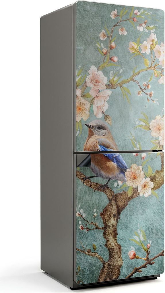 Vogel auf einem Zweig mit Blumen – Magnetische Kühlschrank Abdeckung – Dekorfolie magnetisch Küche – Kühlschrank Magnet Deko – selbstkle...