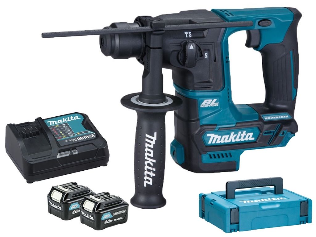 A cordless rotary hammer drill kit with accessories, including batteries, a charger, and a storage case, displayed on a white background.