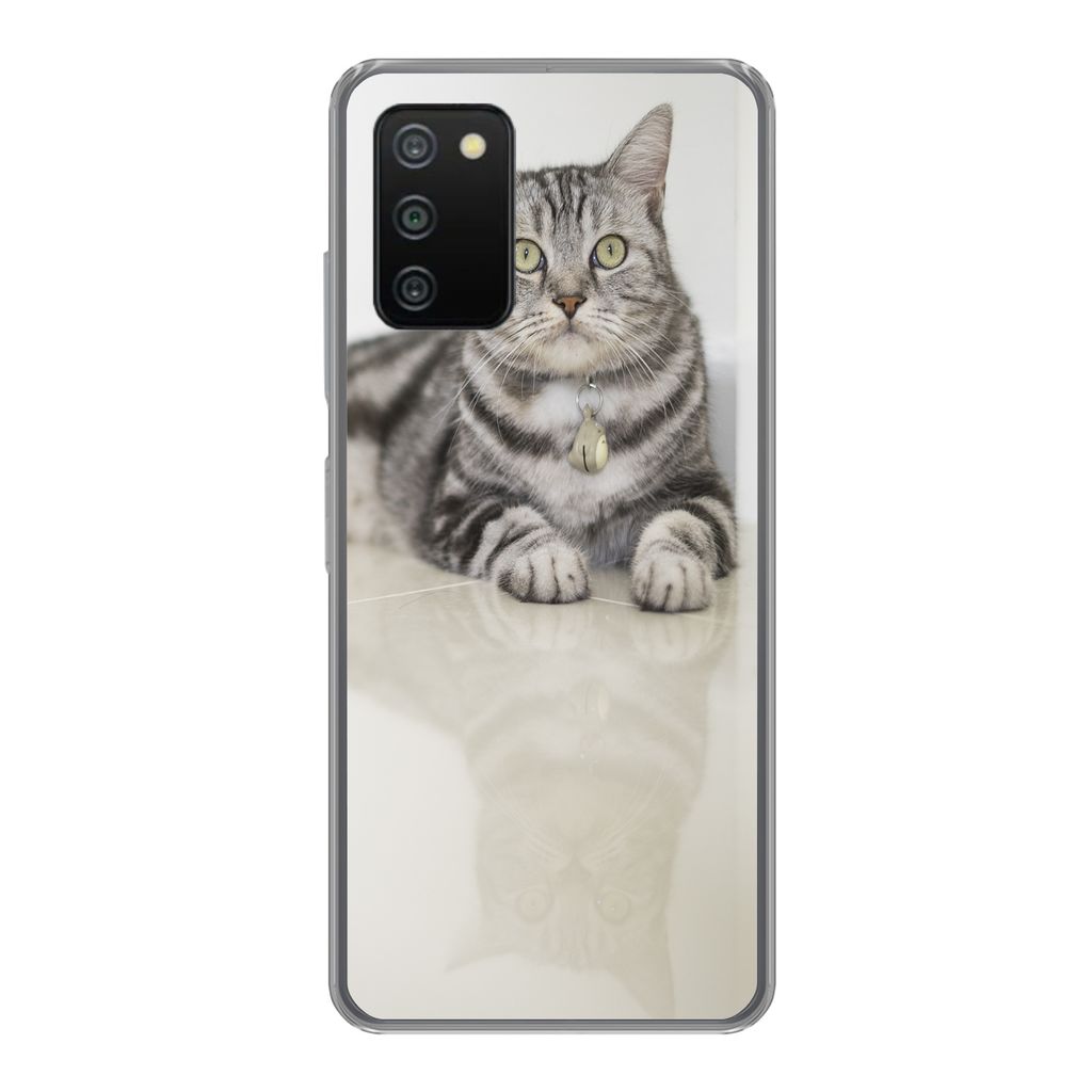 MuchoWow Handyhülle Schutzhülle Hülle für Samsung Galaxy A03s Katze - Grau - Tier - Mädchen - Kinder - Jungen - Kind Silikon Softcase Handy ...