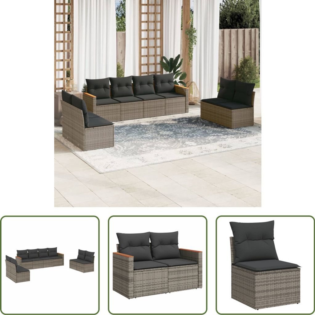 The Living Store 8-tlg. Garten-Sofagarnitur mit Kissen Grau Poly Rattan
