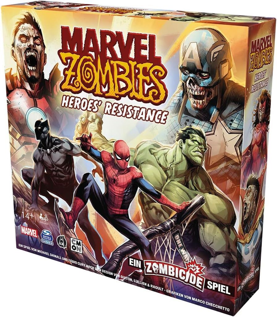 The image shows the box of the Marvel Zombies: Heroes' Resistance board game, featuring artwork of zombie versions of Marvel superheroes.