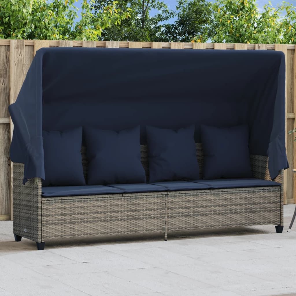 Möbel Sonnenliege mit Dach und Kissen Grau Poly Rattan - Gartenliegen 368360