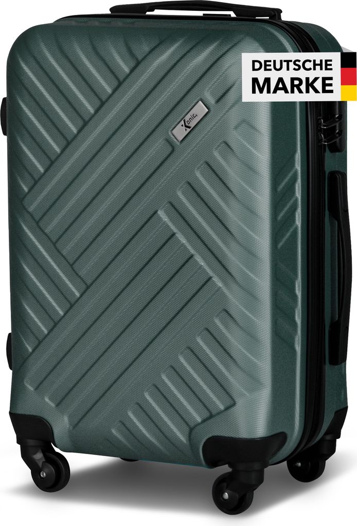 A dark green suitcase is shown from the front, with a white overlay in the top right corner.