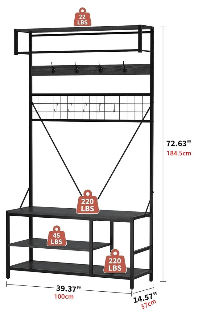 Vestiaire d'entrée complet avec étagère à chaussures réglable rouge - 3