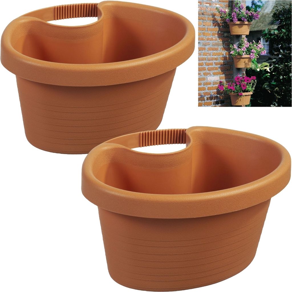 Two brown planters are shown against a white background, with a small inset image showing planters mounted on a brick wall with flowers.