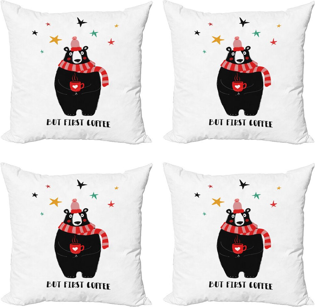 ABAKUHAUS Aber zuerst Kaffee Kissenbezug Set (4 Stück), Bär, der ein Cup, Moderner Doppelseitiger Digitaldruck, 40 cm x 40 cm, weiß Multicolor