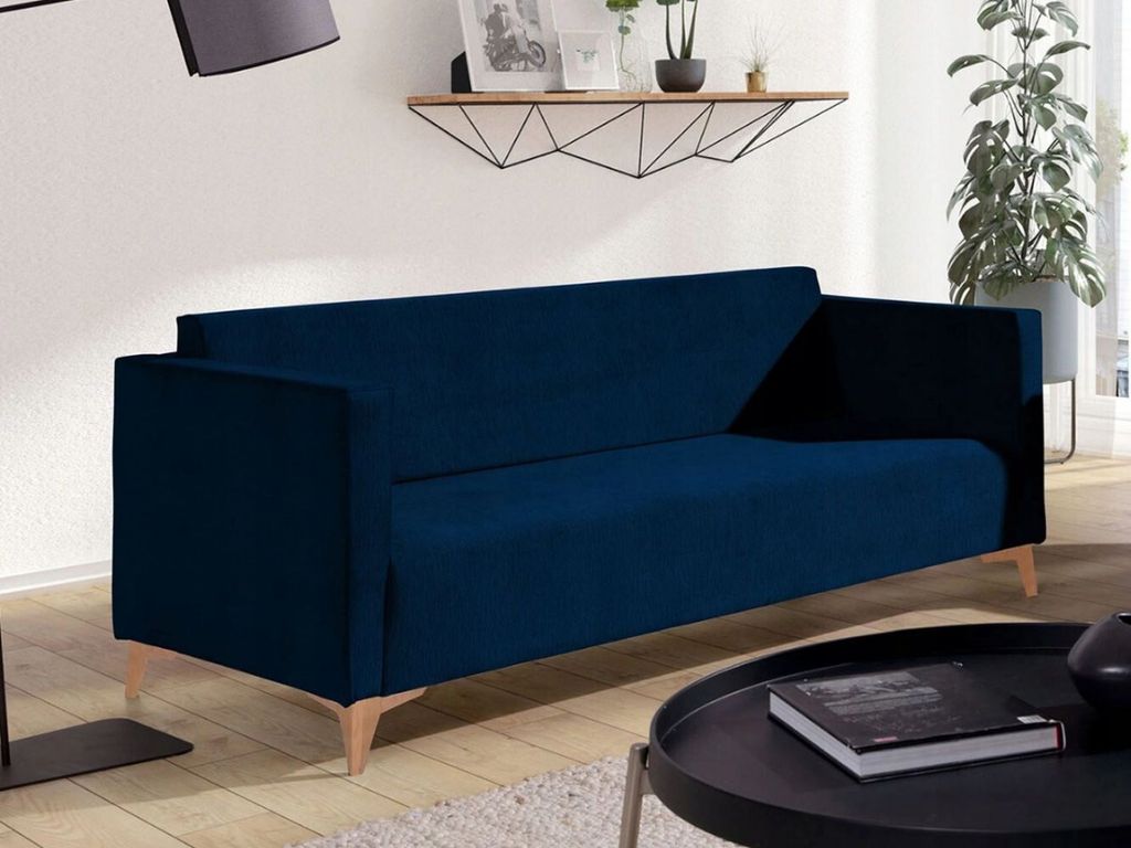 Dreisitzer-Sofa SIMON – dunkelblau / Beine aus hellem Eichenholz