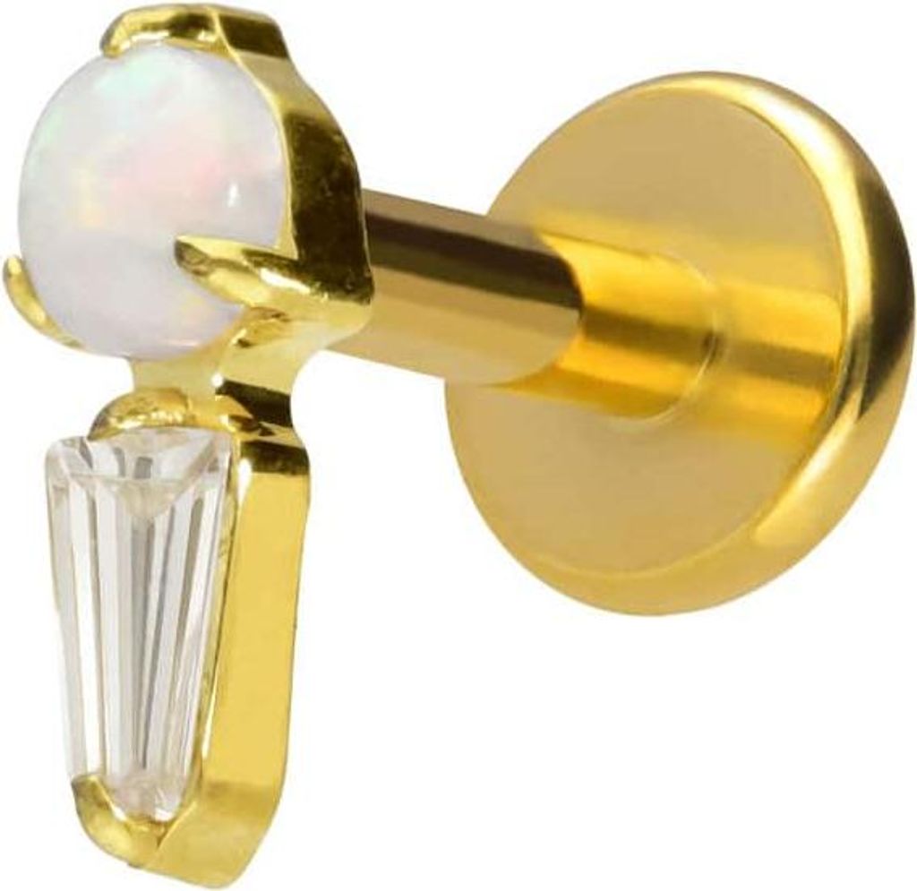 Ohrpiercing, Nasenpiercing Titan Labret mit Innengewinde SYNTHETISCHER OPAL + KRISTALLRECHTECK Gold Stablänge: 6mm | Stabstärke: 1,2mm