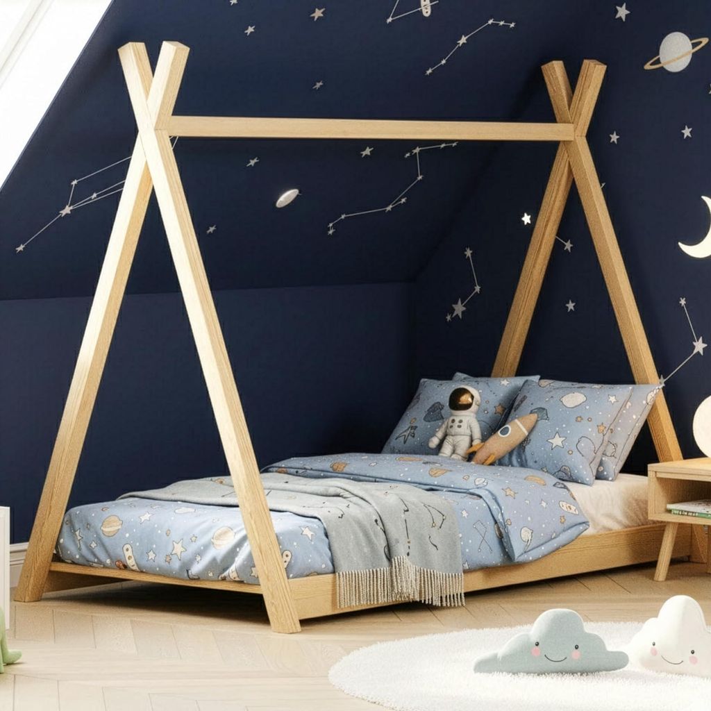 MEBLE WRÓBEL Kinderbett Tipi 90x190 cm | Bett aus Kiefernholz | Montessori | Hausbett für Mädchen und Jungen | Abgerundete Kanten
