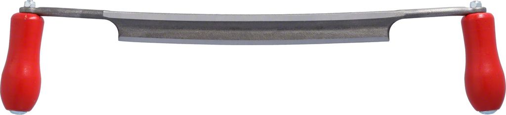 A woodworking tool with red handles and a metal blade against a white background.