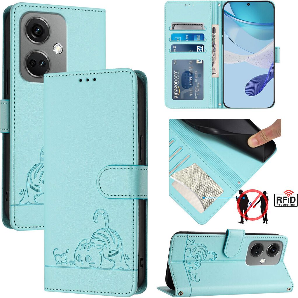 Leder Hülle für OnePlus Nord CE3 Süße Katze Flip Case Brieftasche Schutzhülle mit Standfunktion hellgrün