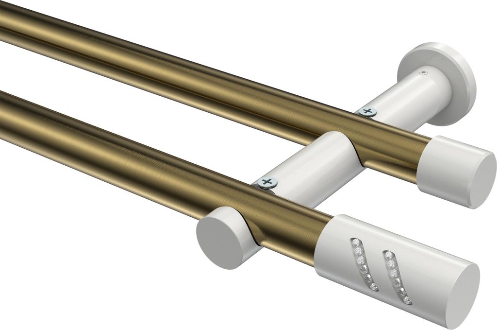 Interdeco Gardinenstange / Vorhangstange Messing Antik / Weiß, Typ Platon Zoena (Glitzerzylinder) ohne Ringe, 20 mm Ø 2-läufig, 420 cm