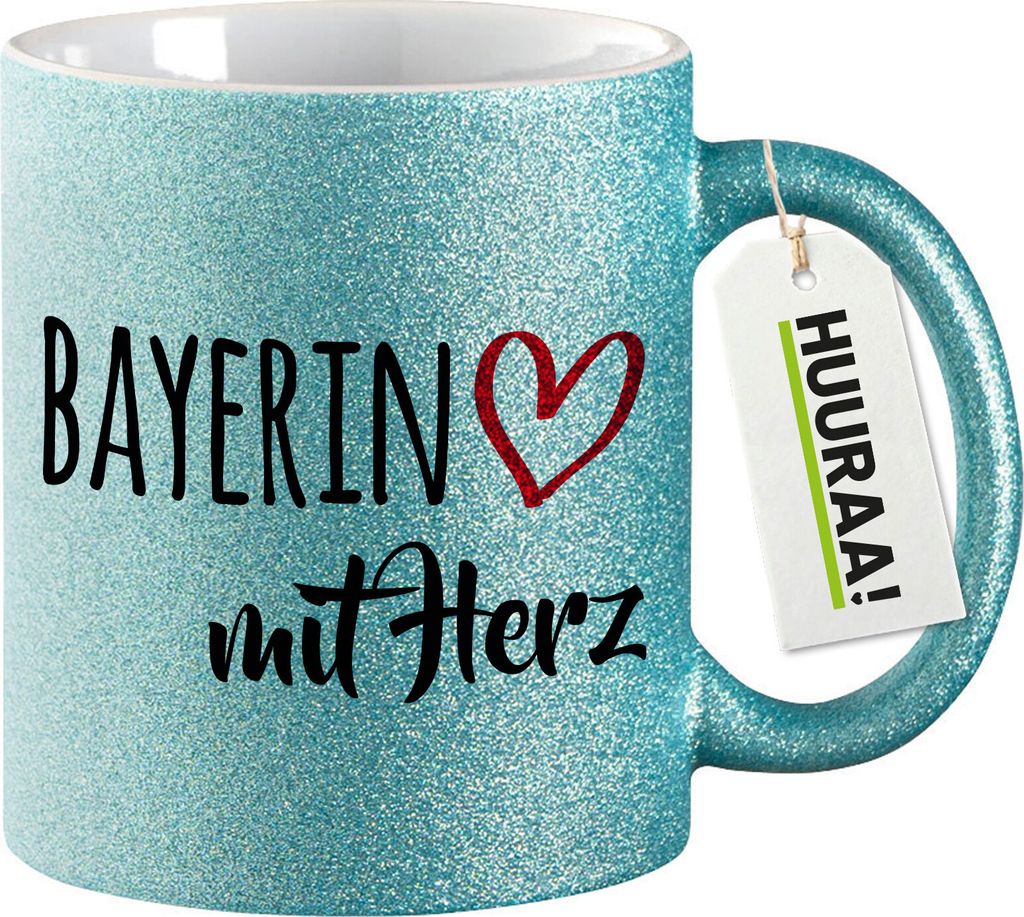 Huuraa Glitzertasse Bayerin mit Herz 330ml Blau Keramik Kaffeebecher Geschenkidee