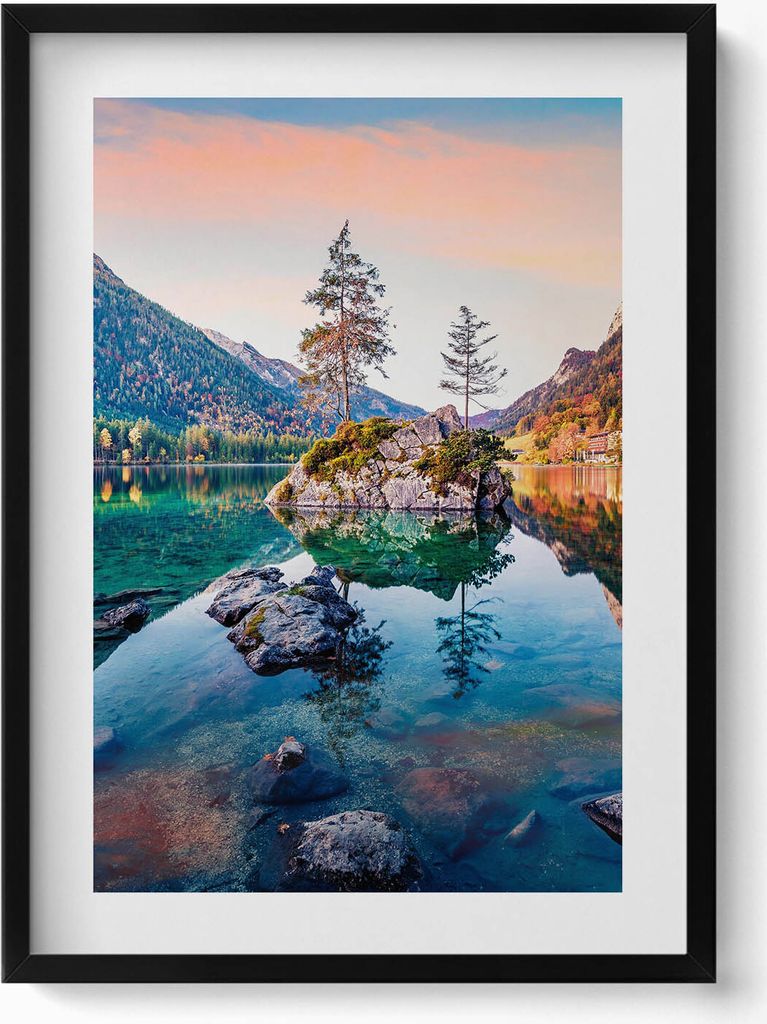 Schöne Bergsee Landschaft– Wandbild mit Rahmen – Gerahmtes Bild – Wanddekoration – 50x70 cm – Schwarz Rahmen