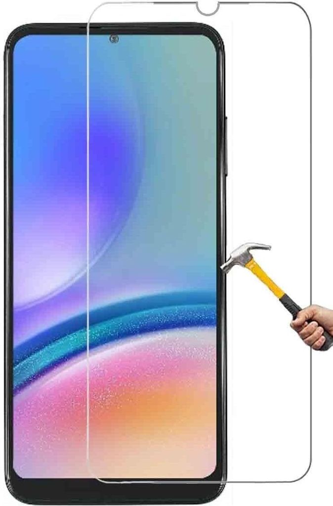 A screen protector is shown being tested with a hammer.
