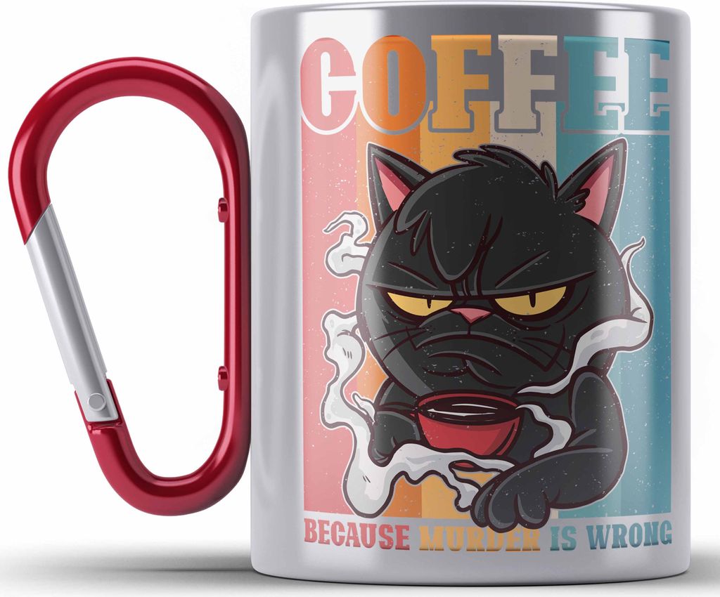 Trendation - Coffee Because Murder Is Wrong Edelstahl Tasse Karabiner Geschenk Katzen Damen Geschenkidee Vintage Sarkasmus (Rot)