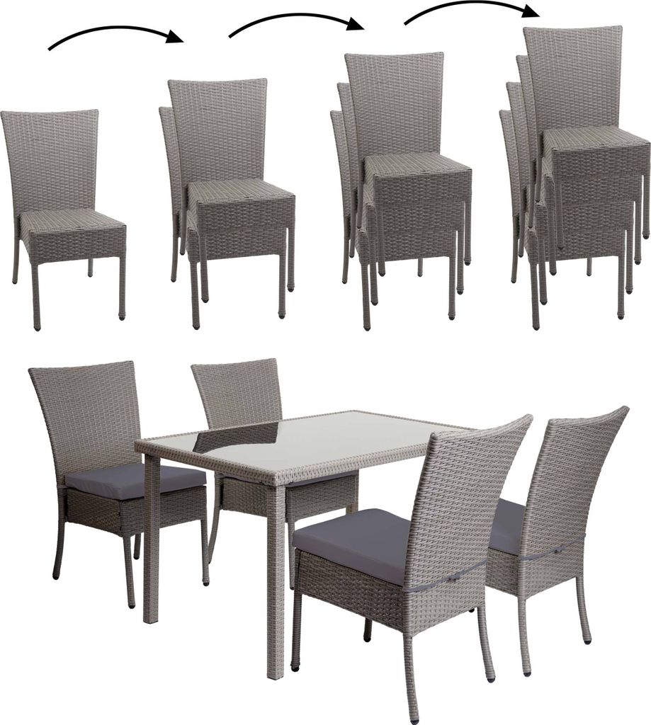 Poly-Rattan Garnitur MCW-G19, Sitzgruppe Balkon-/Lounge-Set, 4xStuhl+Tisch, 120x75cm grau, Kissen dunkelgrau