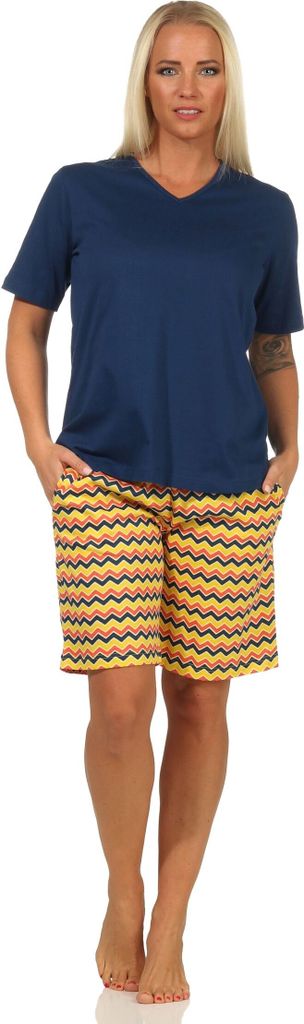 Damen kurzarm Schlafanzug Shorty Pyjama im Ethnostyle – auch in Übergrössen – 112 205 899 ; marine , 36