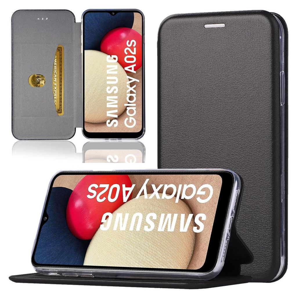 Handy Schutz Hülle für Samsung Galaxy A02s / M02s Handytasche mit Magnetdeckel Kartenfach und Standfunktion Klapphülle Schwarz