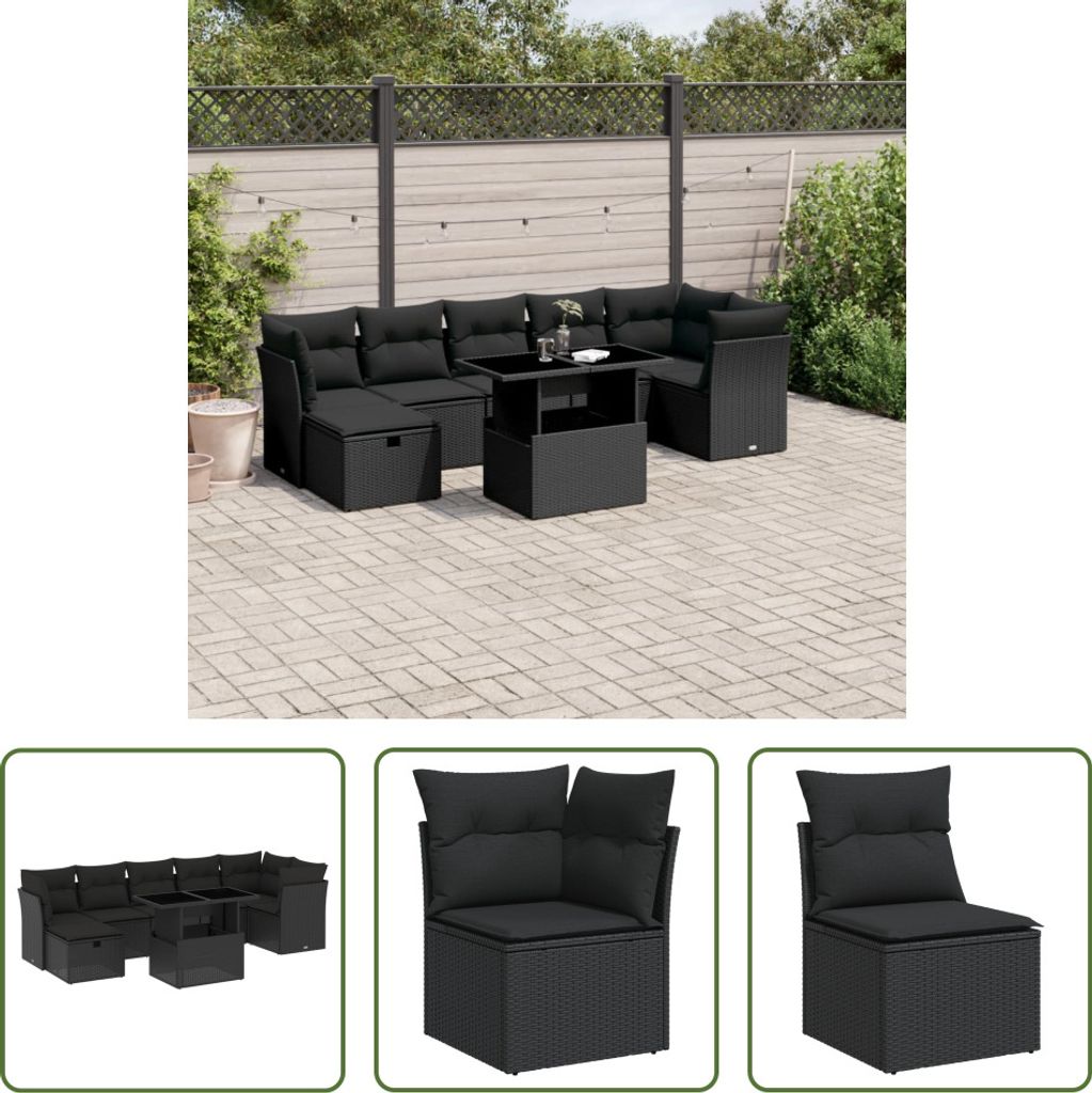 The Living Store 8-tlg. Garten-Sofagarnitur mit Kissen Schwarz Poly Rattan