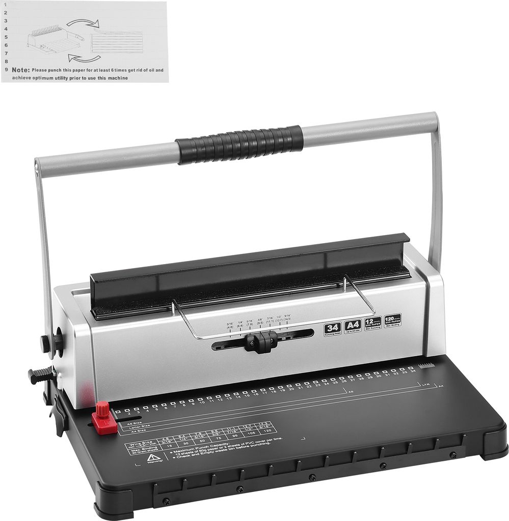 SucceBuy Manuelle Spiralbindemaschine, 34-Loch-Buchmacher für 120 Blatt, Lochbinder mit verstellbarem 3/16" - 9/16" Binderücken, Ideal für Brief...