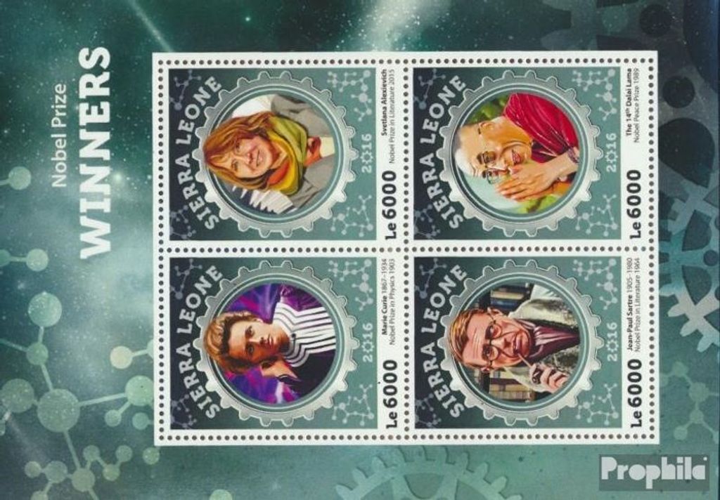 Briefmarken Sierra Leone 2016 Mi 7208-7211 Kleinbogen (kompl. Ausg.) postfrisch Nobelpreis