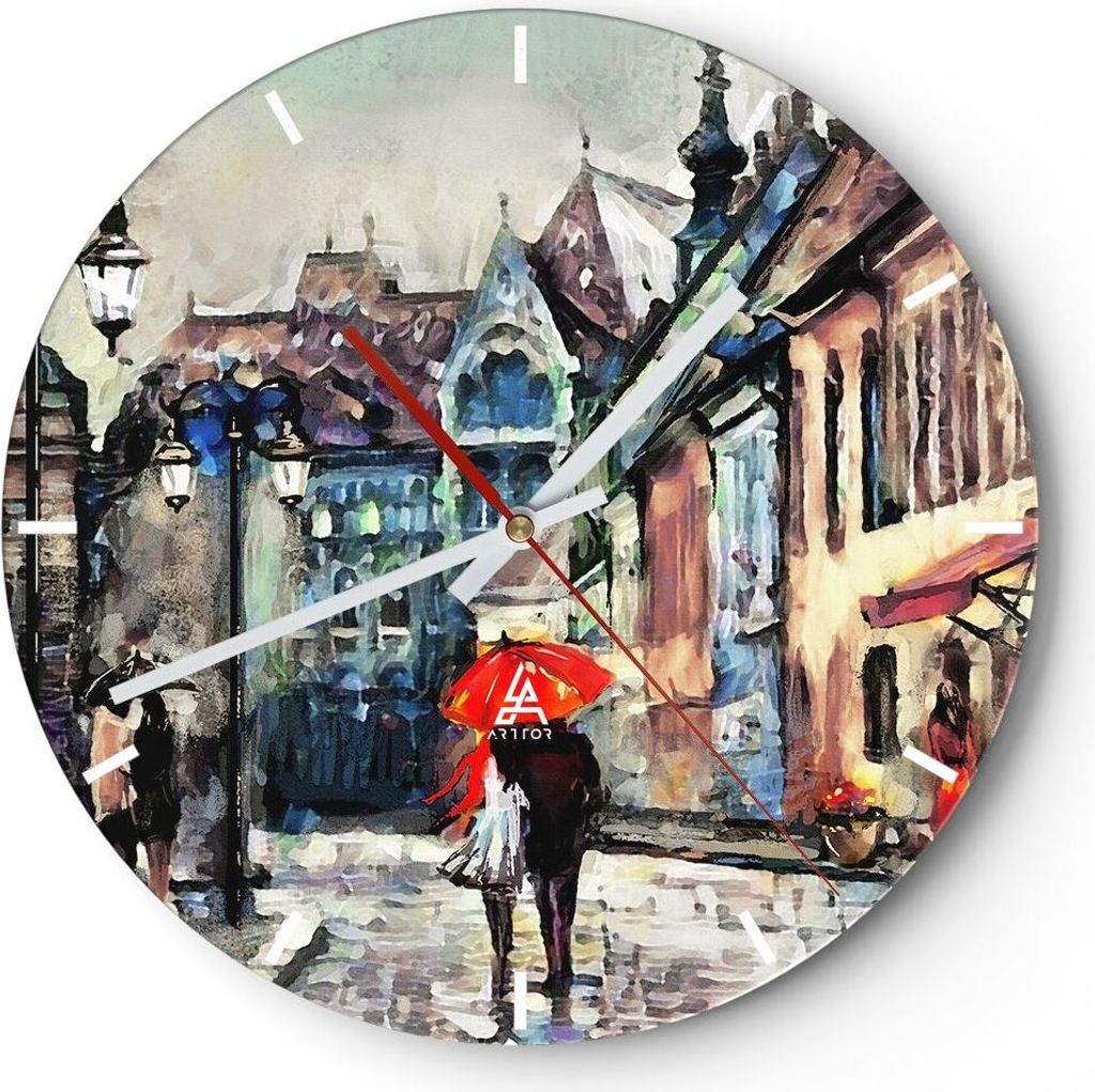 Wanduhr - Rund - Glasuhr - Stadt Straße Haus - 30x30cm - Schleichendes Uhrwerk - Lautlos - zum Aufhängen bereit - Dekoration Modern - Wanddekorat...