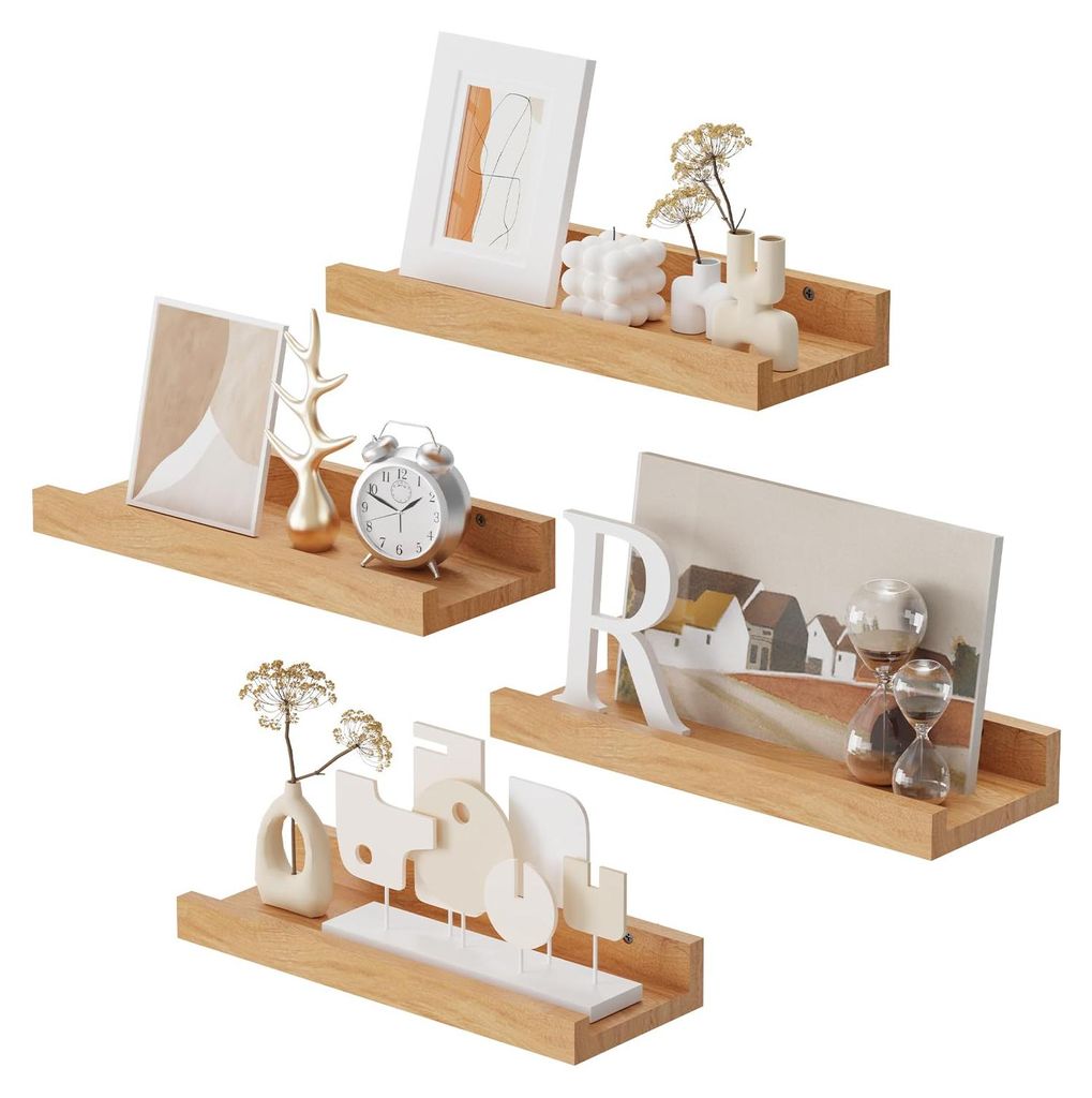 Wandregal aus Holz, 4er-Set, 30 x 12 cm, Hängeregal, Ablage für Bilderrahmen und Dekorationen, Wandbücherregal, für Wohnzimmer, Badezimmer, Kü...