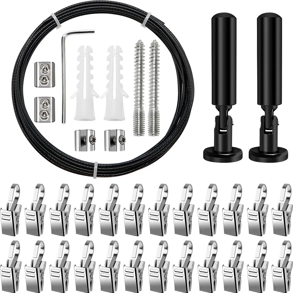 Câble rideau acier inoxydable 5m avec 24 clips et crochets muraux