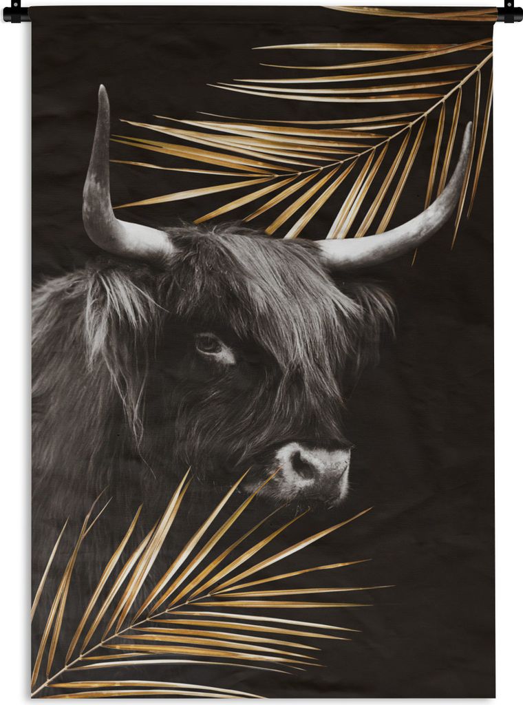 MuchoWow Wandteppich Wandbehang Schottischer Highlander - Blätter - Schwarz 120x180 cm Tapisserie Dekoration Wandtuch - Schlafzimmer - Dekoratio...