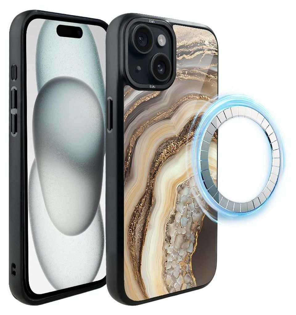 Schutzhülle für das iPhone 15 Plus, MagSafe-kompatibel, mattschwarze Seiten, Zierstein, Achat