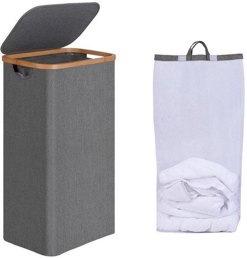 Kleiner Wäschekorb mit Deckel - 75 Liter - ausziehbare Innentasche - falbar - Baumwolle und Bambus