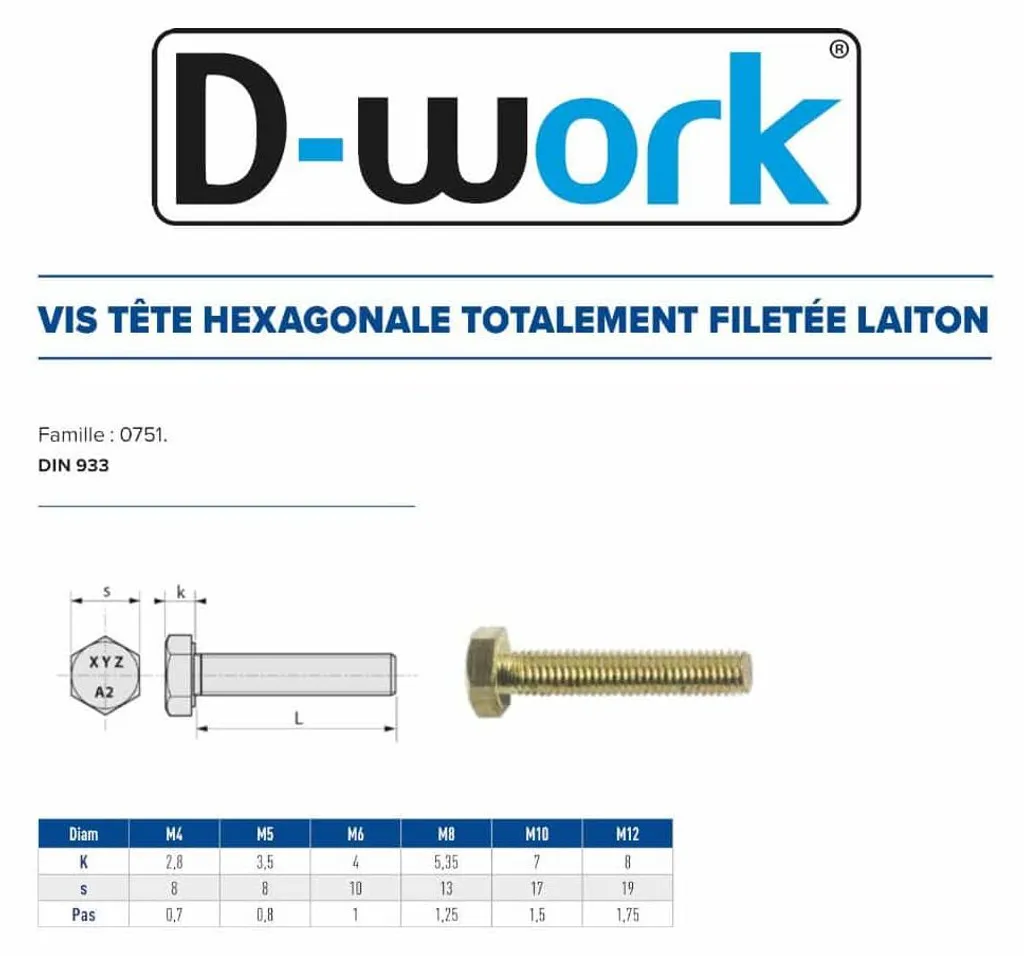 Vis Métaux 10x16 mm pour Fixation Électrique et Marine Laiton DIN 933