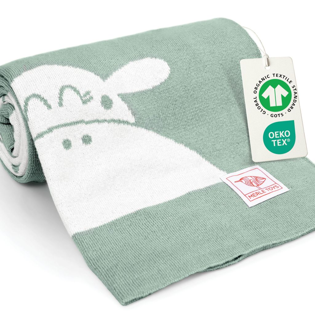 Merle Toys Baby Decke Baumwolle aus 100% GOTS Baumwolle Decke, Baby Kuscheldecke, Strickdecke, 100x80 cm, Neugeborenen Decke, Grün